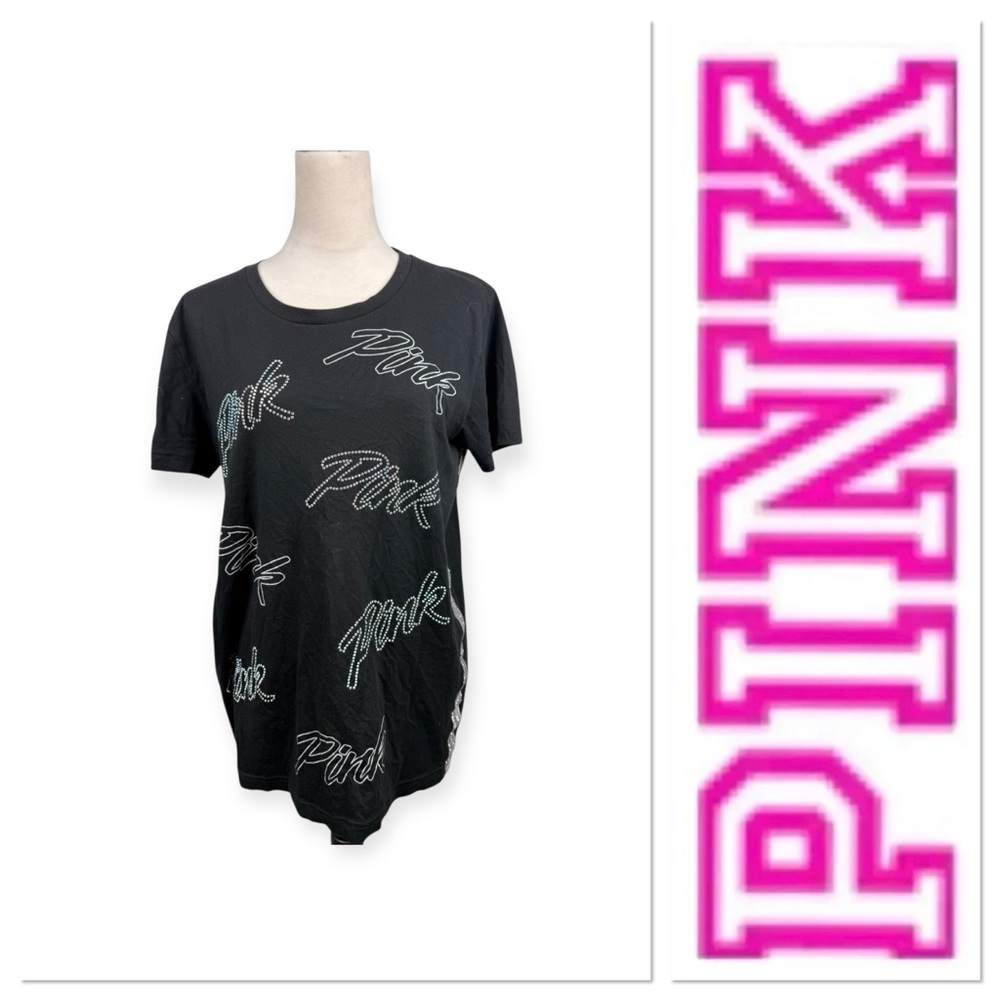 PINK Victoria’s Secret black top with colorful bling logos size small